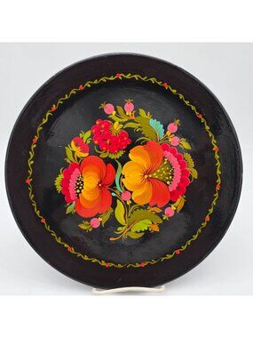 Floral Wooden Plate USSR Hand-Painted Vintage Folk Art Black Multicolor Decor
